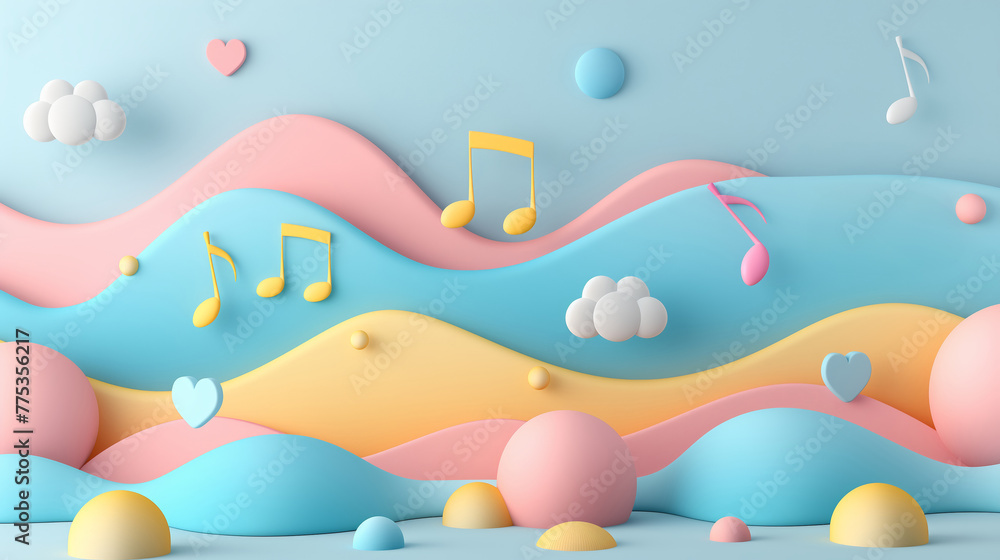 Fototapeta premium Abstract colorful background with pastel blue, pink, and yellow waves, 3D musical notes, hearts, clouds, and balls floating in a whimsical pattern.