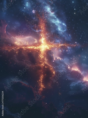 In the vast celestial canvas, a planetary cross emerges, symbolizing cosmic unity and belief in the stars.