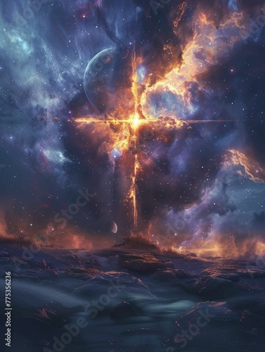 A cross formed by the alignment of planets, harmony space background for cosmic belief. photo