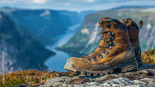 A pair of brown hiking boots is placed on a rock with a breathtaking view of a deep fjord and distant mountains in the background.