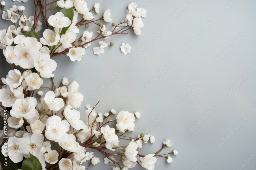 Spring background with beautiful white flowering tree branches. White blooming spring flowers on neutral background. Top view, flat lay, copy space for text Spring background with beautiful white flowering tree branches. White blooming spring flowers on neutral background. Top view, flat lay, copy space for text