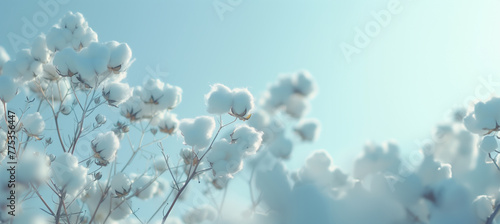 Ethereal cotton buds reach towards a tranquil blue sky  conveying purity and the softness of nature