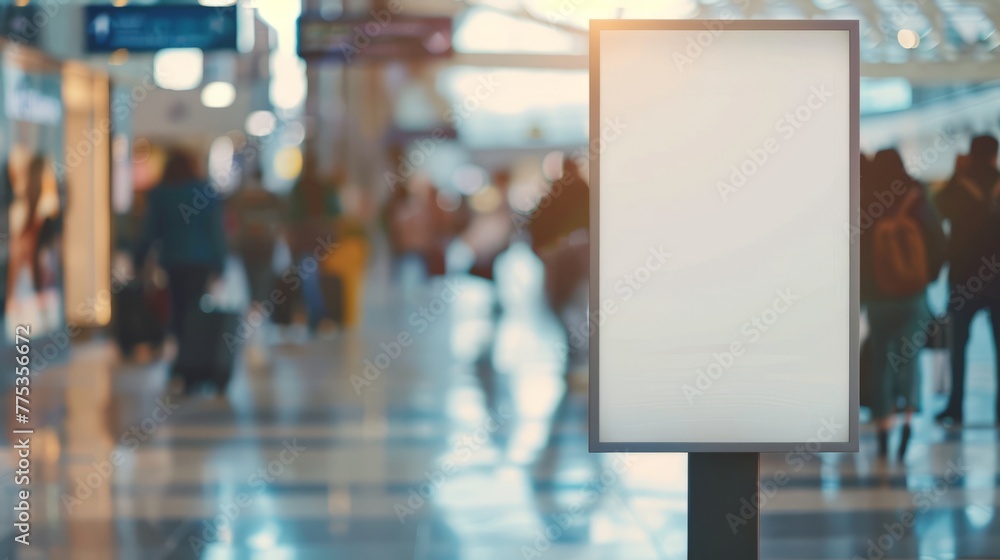 Mockup white board adds ambiance to bustling airport scene with blurred tourists walking – travel and lifestyle concept Mockup white board adds ambiance to bustling airport scene with blurred tourists walking – travel and lifestyle concept