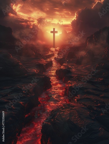 A volcanic cross fissure offers a fiery backdrop, igniting transformative faith in a crimson creation.
