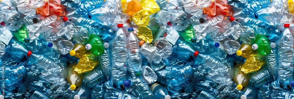 A variety of compressed plastic bottles showcase the issue of plastic pollution and recycling challenges A variety of compressed plastic bottles showcase the issue of plastic pollution and recycling challenges