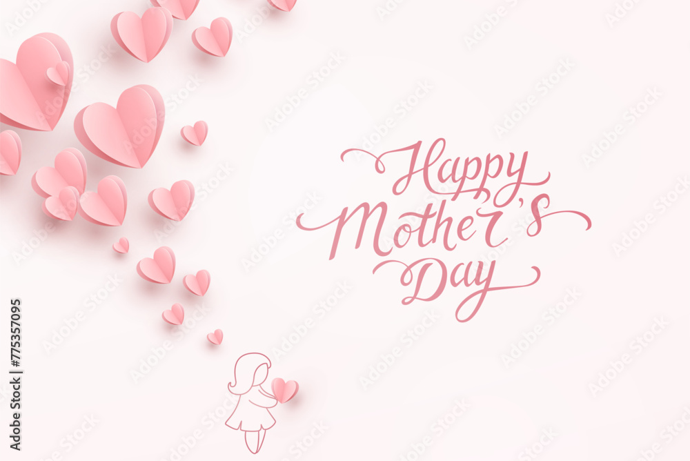 Mother's day postcard with paper flying elements and child on light pink background. Vector symbols of love in shape of heart for greeting card design