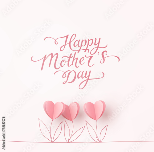 Mother's day postcard with paper tulips flowers and calligraphy text on light pink background. Vector symbols of love in shape of heart for greeting card, cover design