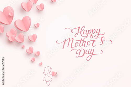 Mother's day postcard with paper flying elements and child on light pink background. Vector symbols of love in shape of heart for greeting card design © Kindlena
