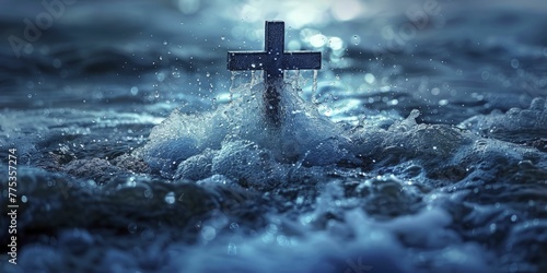 Cross made of water walking on the ocean, miracle blue background for faith in the impossible.