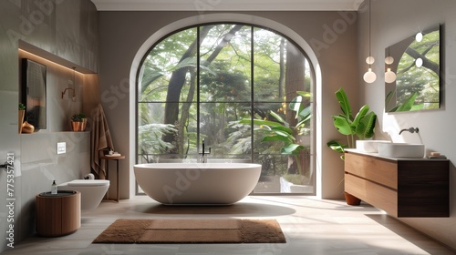A bathroom with sink  mirror  plants  and wood countertop