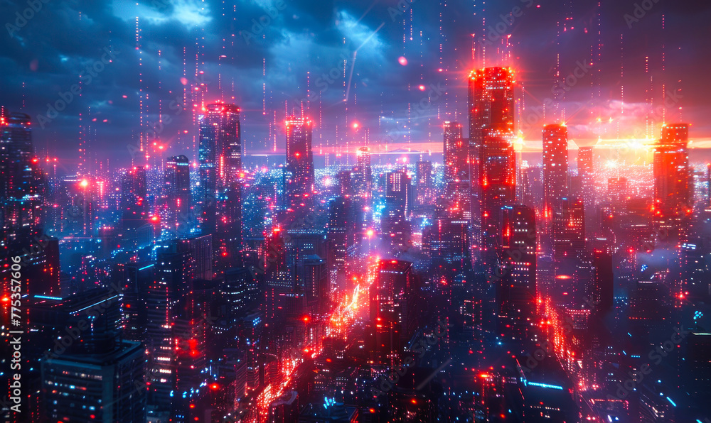 Futuristic cityscape with holographic data screens and lights floating in the air between skyscrapers, creating a vibrant, tech driven urban environment in a cyberpunk style at night Futuristic cityscape with holographic data screens and lights floating in the air between skyscrapers, creating a vibrant, tech driven urban environment in a cyberpunk style at night