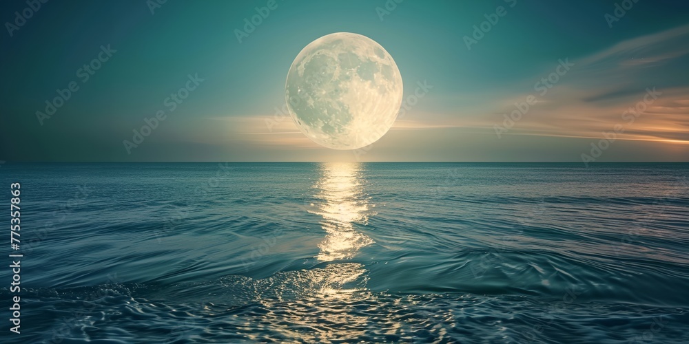 A large moon is reflected in the water of the ocean A large moon is reflected in the water of the ocean