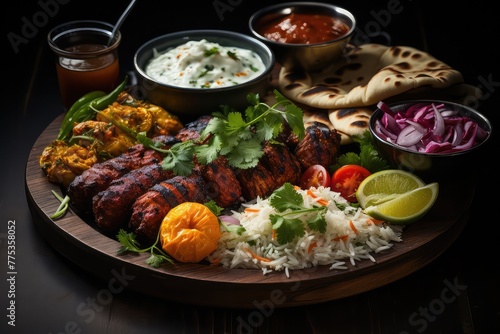 wooden board hosts a delightful spread of cuisine in a flat lay. Colorful dishes like biryani, kebabs, and naan create a visual feast 