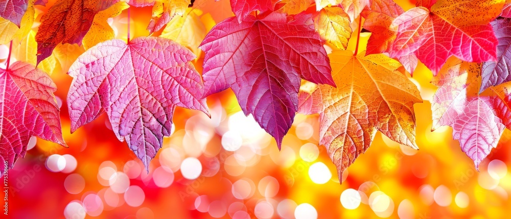A group of varied colored foliage dangling from a tree against an orange-red-yellow hazy backdrop A group of varied colored foliage dangling from a tree against an orange-red-yellow hazy backdrop