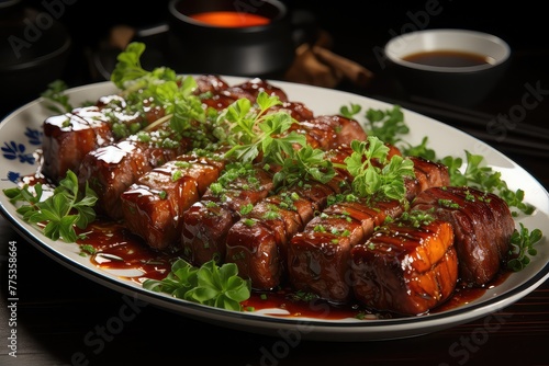 Savor the exquisite Chinese cuisine: a plate of braised chestnut pig tail. The succulent meat, braised to perfection, intertwines with the rich chestnut flavors, creating a culinary delight