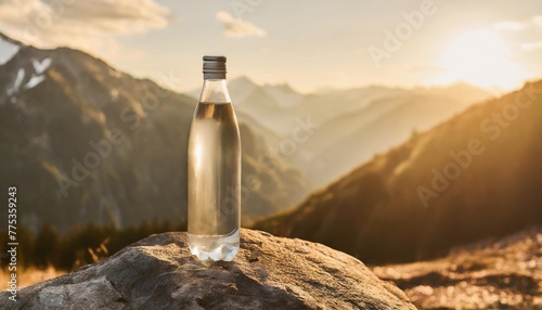 generic mineral glass water bottle in the middle of nature on a rock mockup with mountains background as wide banner with copy space area generative ai