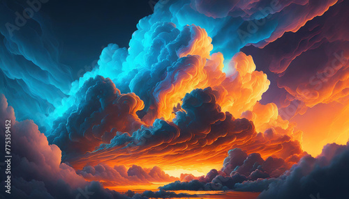 Beautiful fluffy clouds in neon blue and orange colors. Abstract art. Fantasy background.