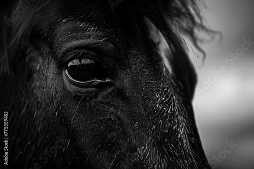 A close up of a horse's eye with a dark background