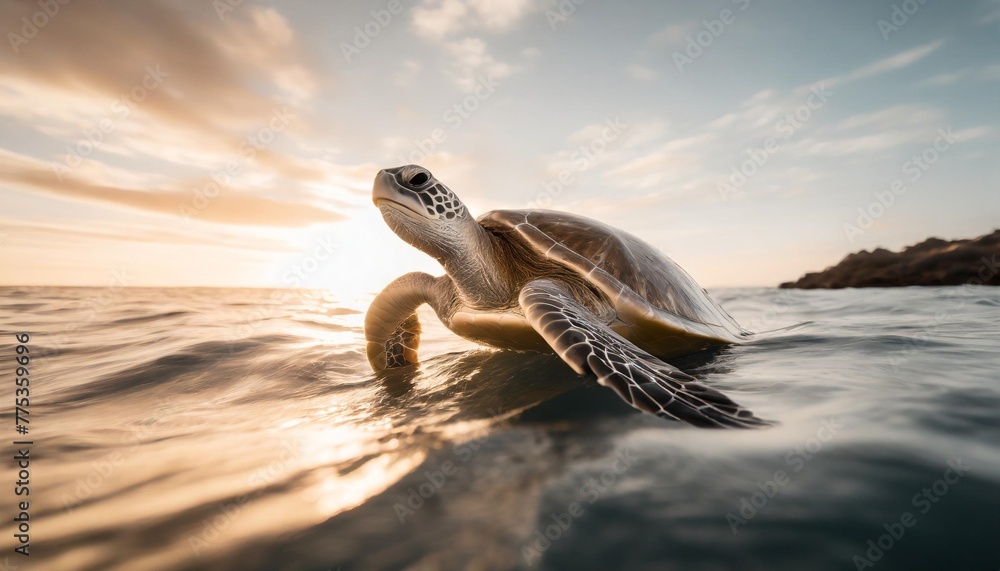 vertical low angle shot of a turtle swimming in the ocean - obrazy, fototapety, plakaty 