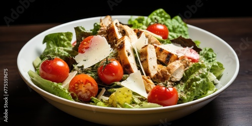 Grilled Chicken Caesar Salad: A Healthy Twist, Grilled Chicken with Fresh Tomatoes, Cheese, and Croutons, A Visual Feast of Flavorful Greens. 