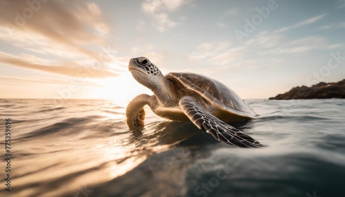 vertical low angle shot of a turtle swimming in the ocean photo