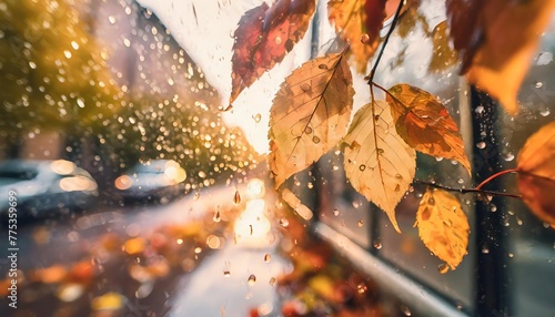 autumn leaves on the window rainy window moody time autumn street rainy street in fall waterdrops on glass autumn foliage photo