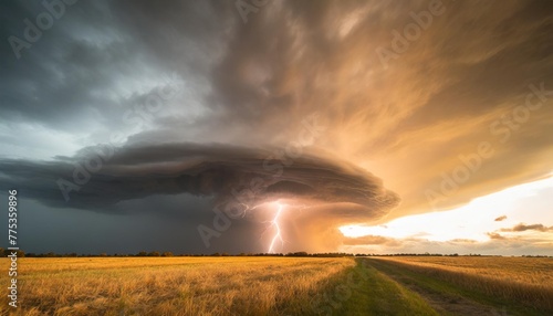 dramatic supercell storm clouds and lightning strike over a field photo