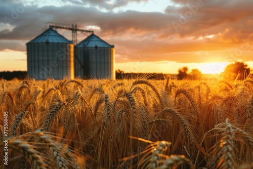 silos agricultural production in a wheat field banner photo