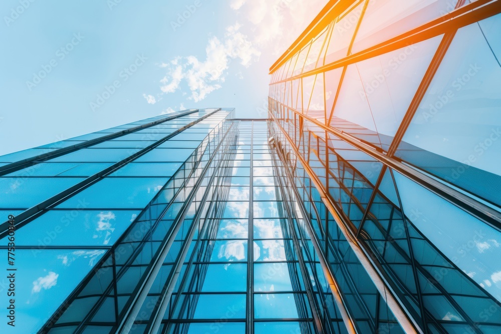 Obraz premium Modern office building with blue sky, and glass facades. Economy, finances, business activity concept