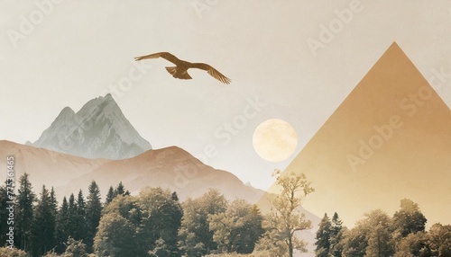 collage artistique d images de nature avec arbres et montagne et oiseau elements naturels formes geometriques photo