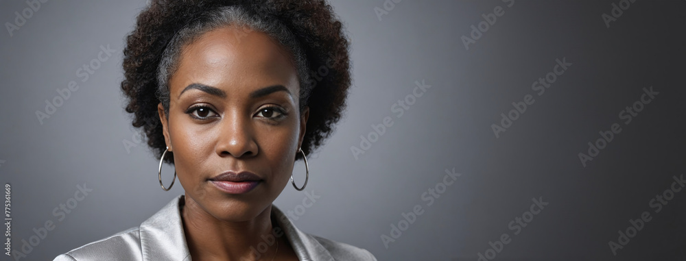 A 50S Adult African American Woman Isolated On A Silver Background With Copy Space A 50S Adult African American Woman Isolated On A Silver Background With Copy Space