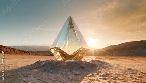 abstract fantasy alien glass spaceship on barren desert planet landscape crystal prism monolith sculpture sparkling in the sun photo