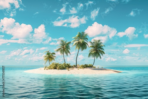 Small tropical sandy island with palms surrounded by the blue waters of the ocean