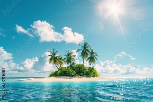 Small tropical sandy island with palms surrounded by the blue waters of the ocean photo