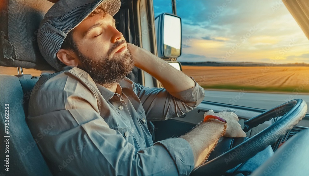 Roadside Rest: Tired Truck Driver Napping After Longhaul Shift Roadside Rest: Tired Truck Driver Napping After Longhaul Shift
