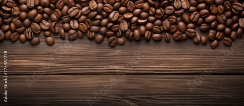 Fresh coffee beans arranged on a rustic wooden table, providing ample space for adding text or graphics, creating a warm and inviting atmosphere