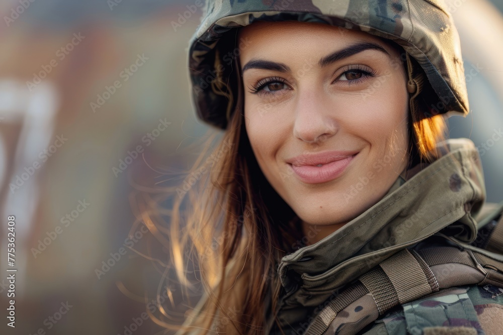 Smiling Servicewoman portrait with copy space. Young woman Military soldier Smiling Servicewoman portrait with copy space. Young woman Military soldier