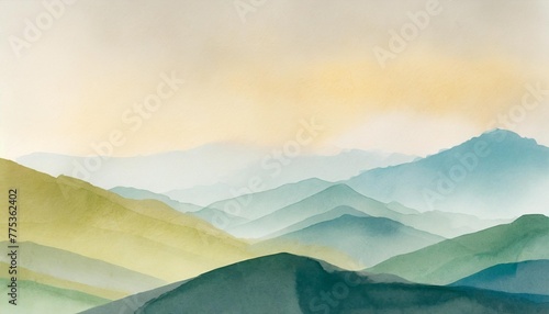 minimalistic landscape art background with mountains and hills in blue and green colors abstract banner in oriental style with watercolor texture for decor print wallpaper