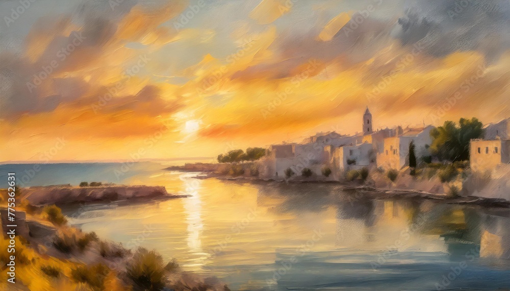 impressionist oil painting beautiful dramatic puglia sunset in italy during summertime