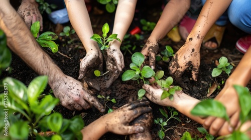 Diverse individuals collaborate in a garden, planting trees with soil-covered hands, aiming for a greener planet this World Environment Day photo