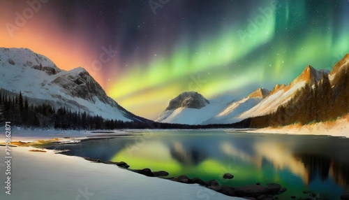 a painting of a colorful aurora bore in the night sky over a mountain lake with ice and snow on the ground photo