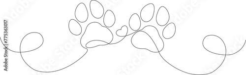 One continuous line drawing of dog footprint with heart. Line breaking love for animals in simple linear style. Vector Graphic Illustration for Canva, presentation, decoration photo