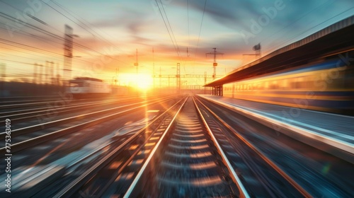 Captivating sunset scene: blurred railway station with motion blur effect at dusk. Industrial landscape with railroad tracks, blurred platform, and orange sunlight in european railway junction photo