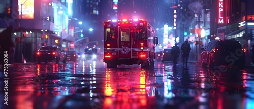 At night a medical team quickly responds to an accident in the city. Concept Emergency Response, Medical Team, Nighttime, City Accident, Rapid Assistance photo