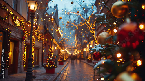 Festive holiday lights in a town square