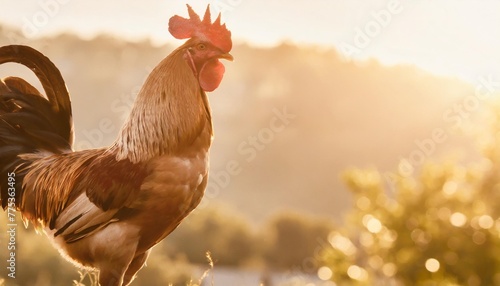 a rooster with brown plumage is crowing against the background of nature outdoor space for text banner photo