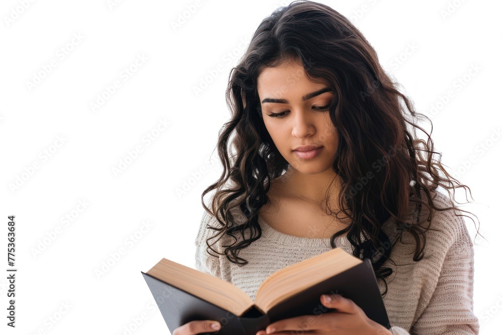 Studio shoot of Woman reading book Isolated on solid white background Studio shoot of Woman reading book Isolated on solid white background
