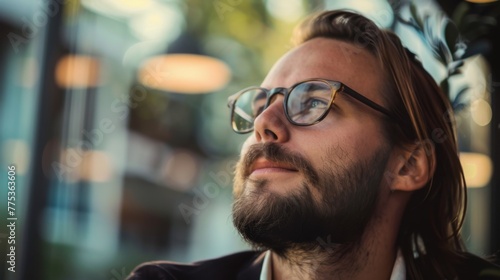 Man With Long Hair and Glasses Looking Up