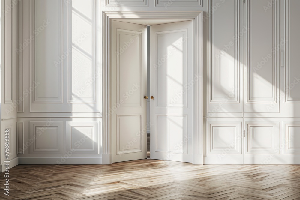 Fototapeta premium Open doorway inviting with natural light casting shadows on a classic herringbone floor