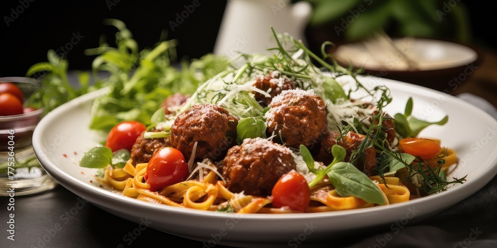Closeup Shot of Pasta with Meatballs, Accompanied by a Fresh and Healthy Salad, A Visual Feast of Culinary Harmony. 